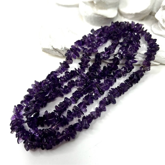 Amethyst Chip Nugget Necklace 29” Long Strand Gemstone - Picture 2 of 8